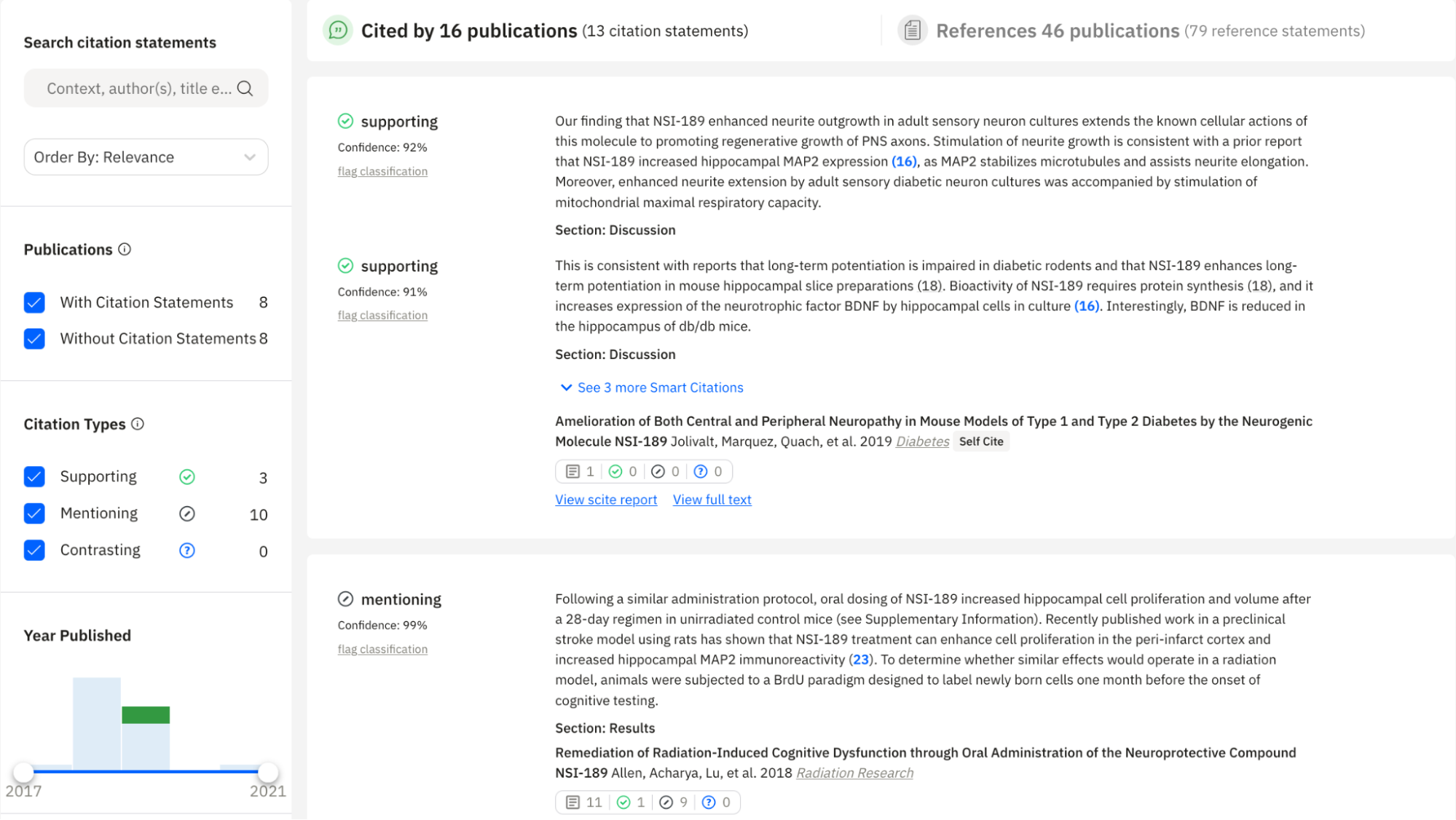 Grouped Smart Citations from the report page showing the title of the citing publications as well as the extracted textual contexts, allowing you to see how they referenced the paper of interest. Grouped Smart Citations from the report page showing the title of the citing publications as well as the extracted textual contexts, allowing you to see how they referenced the paper of interest.